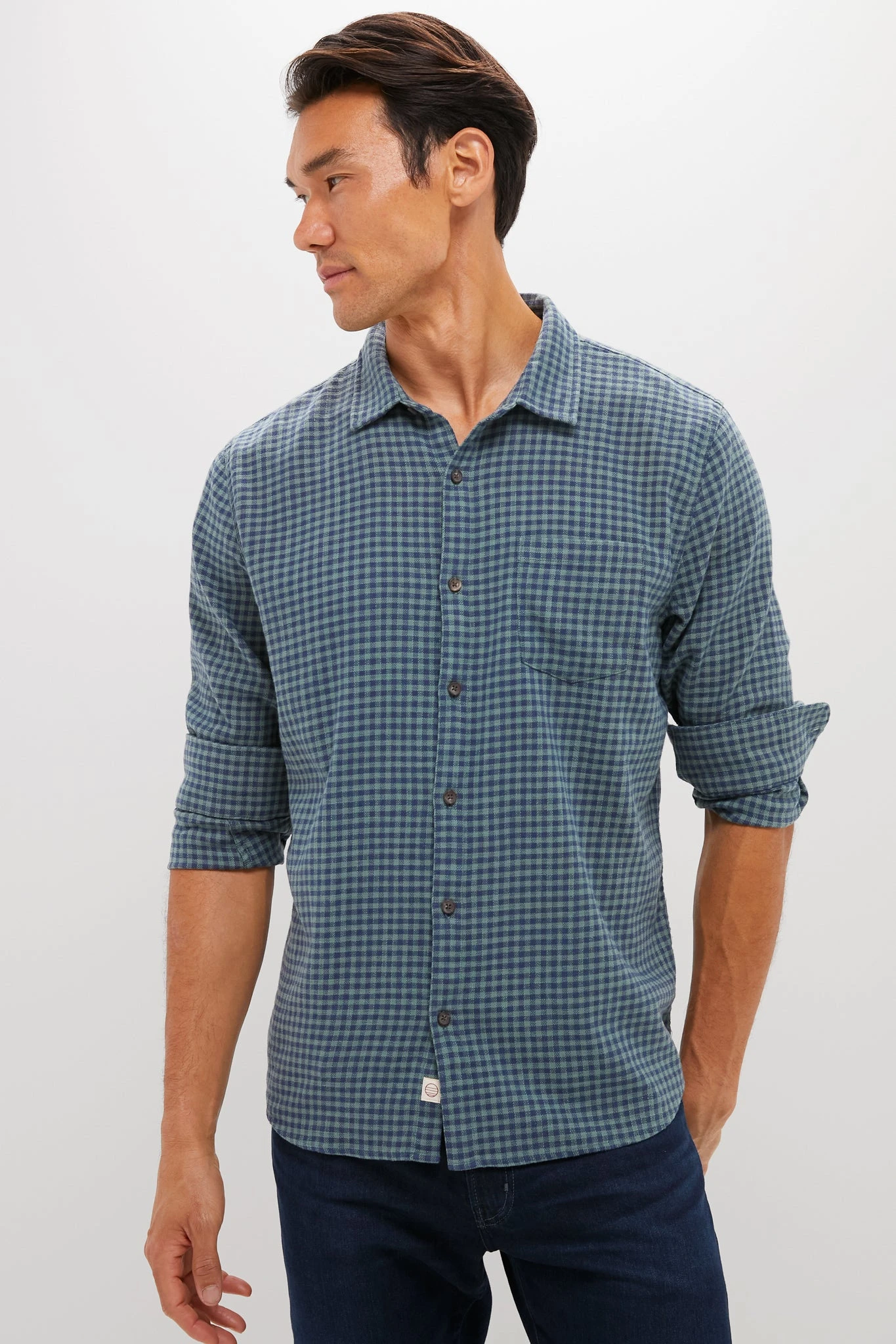 Marine Layer Navy Green Gingham Stretch Selvage Shirt 6 Marine Layer Navy Green Gingham Stretch Selvage Shirt - Image 6