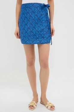 Navy & Cerulean Floral Cove Tie Mini Skirt