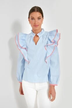 Blue Stripe Gingham Ruffle Holly Blouse -Loeffler Randall Store 70PWiz955NYysl0KWSEnEdG5cxEkM6WF 1
