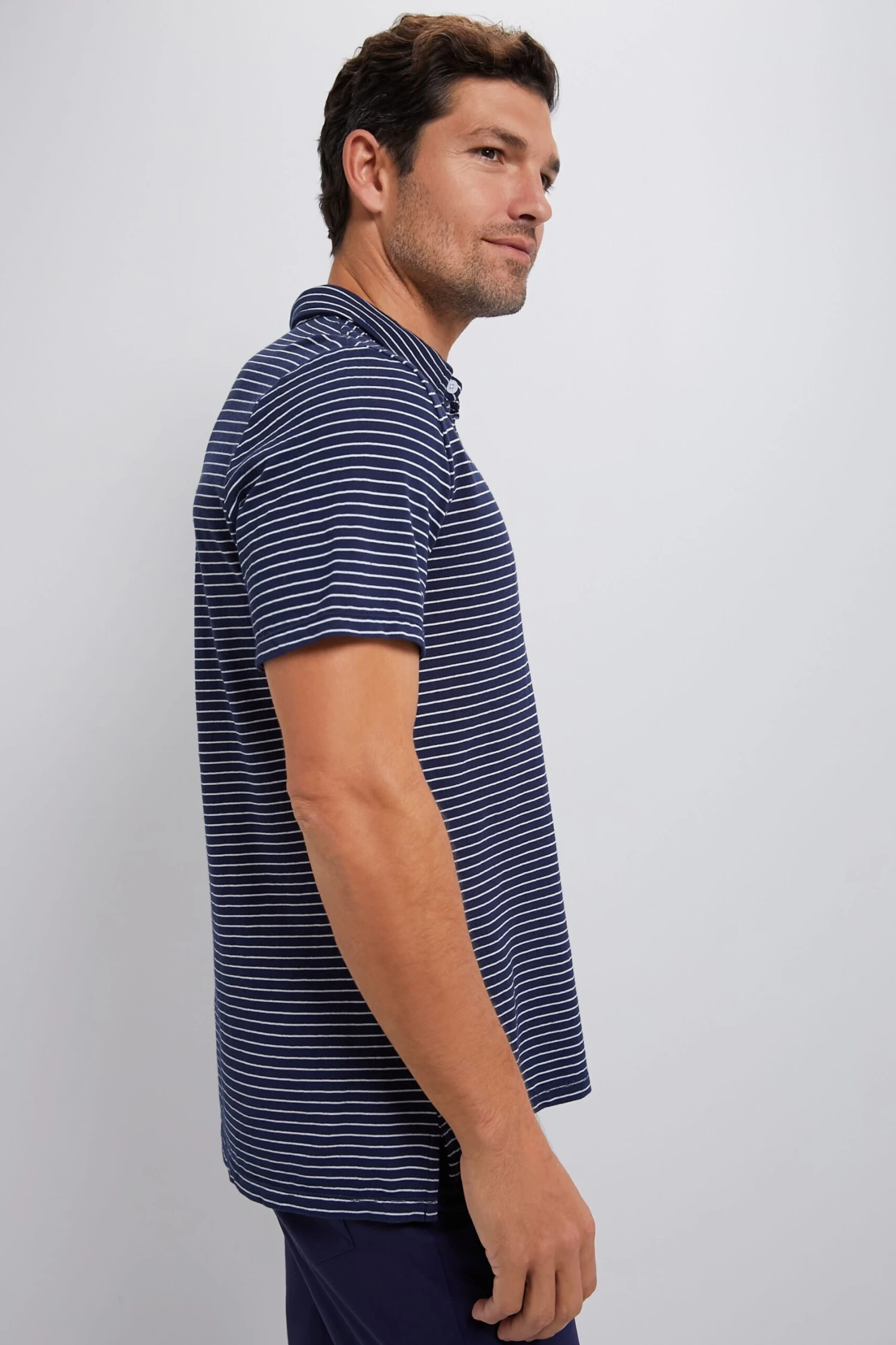 Striped Navy Stretch Linen Polo 3 Striped Navy Stretch Linen Polo - Image 3