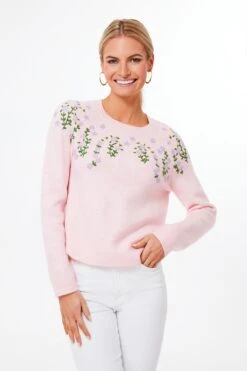 Loeffler Randall Store 17 Pink Floral Embroidered Lilah Sweater