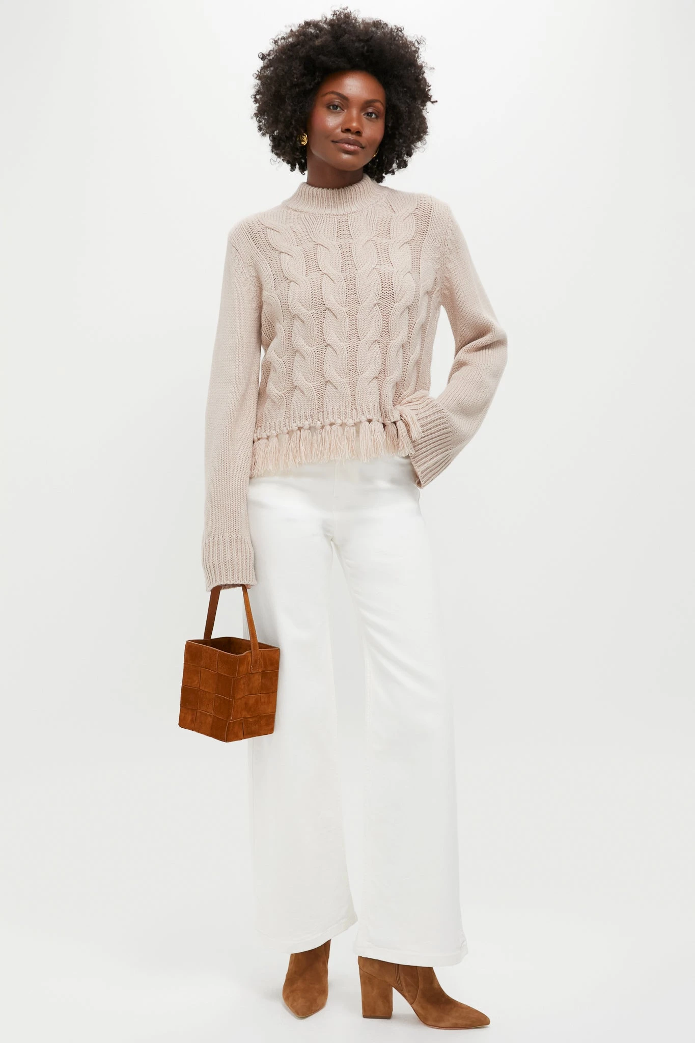 Taupe Fringe Cable Knit Carly Sweater 2 Taupe Fringe Cable Knit Carly Sweater - Image 2