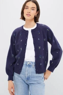 Blue Floral Embellishment Navy Elsie Cardigan