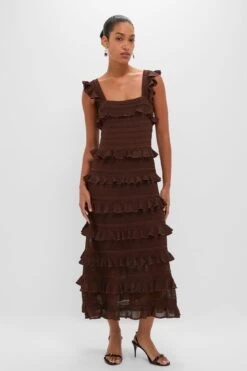 Zimmermann Metallic Chocolate Hypnotic Lace Frill Midi Dress