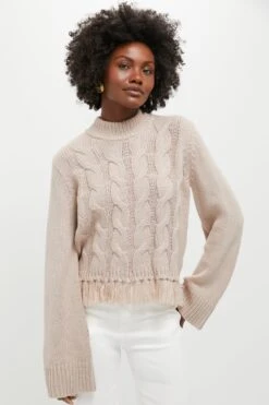Taupe Fringe Cable Knit Carly Sweater
