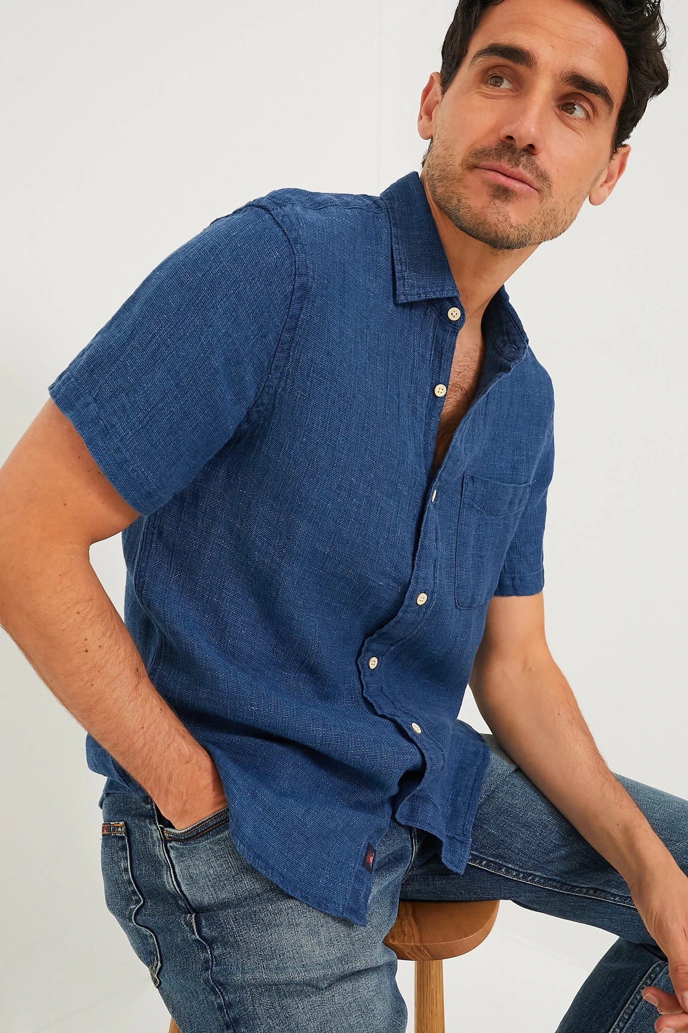 Indigo Basketweave Short Sleeve Palma Linen Shirt 3 Indigo Basketweave Short Sleeve Palma Linen Shirt - Image 3