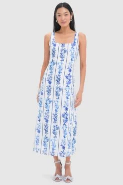 Blue Floral And Stripe Minnie Midi Dress