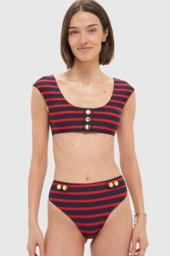 True Red And Dark Navy Sailor Stripe Off-Shoulder Bikini Top