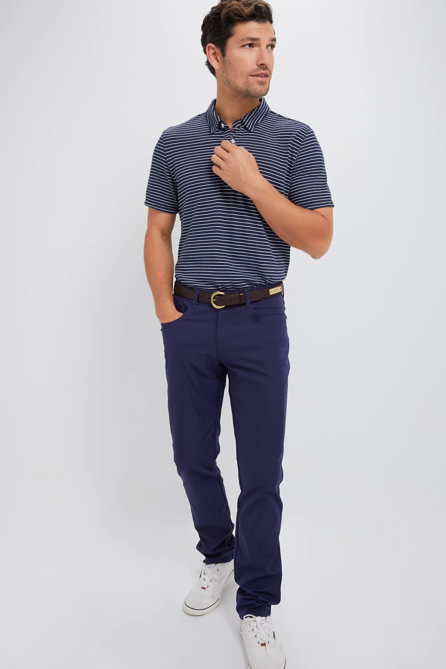 Striped Navy Stretch Linen Polo 2 Striped Navy Stretch Linen Polo - Image 2