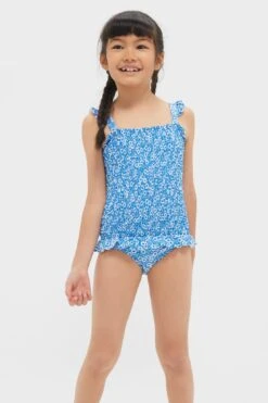 Blue Floral Smocked One Piece With Ruffle Skirt