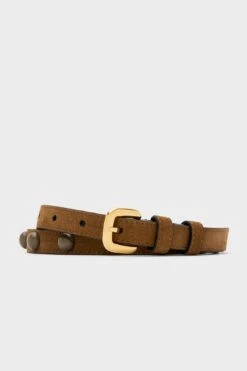 Tobacco And Gold Studded Skinny Belt