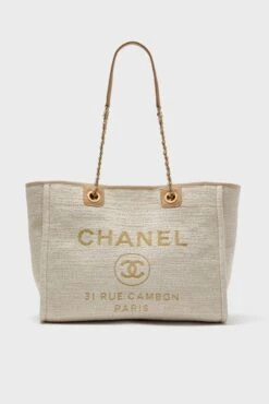 CHANEL Beige Canvas Deauville Tote Bag