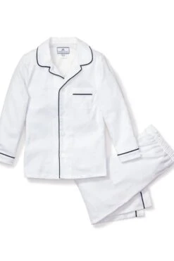 Kids White Pajama Set With Navy Piping