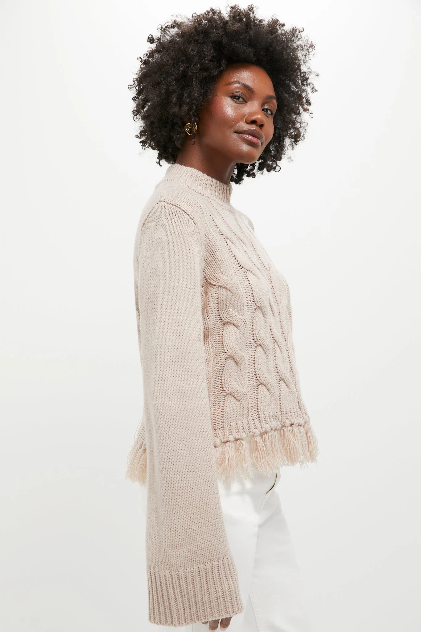 Taupe Fringe Cable Knit Carly Sweater 3 Taupe Fringe Cable Knit Carly Sweater - Image 3