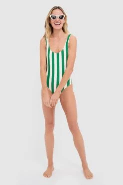 Solid & Striped Tennis Green Striped Annemarie One Piece