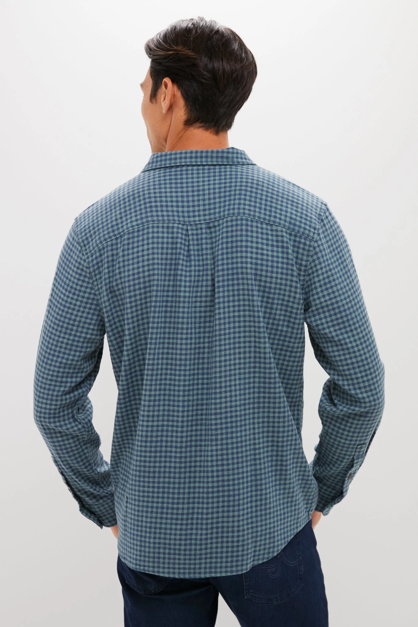Marine Layer Navy Green Gingham Stretch Selvage Shirt 4 Marine Layer Navy Green Gingham Stretch Selvage Shirt - Image 4
