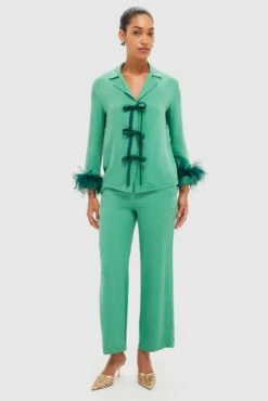 Green Bow Pajama Set With Detachable Feathers