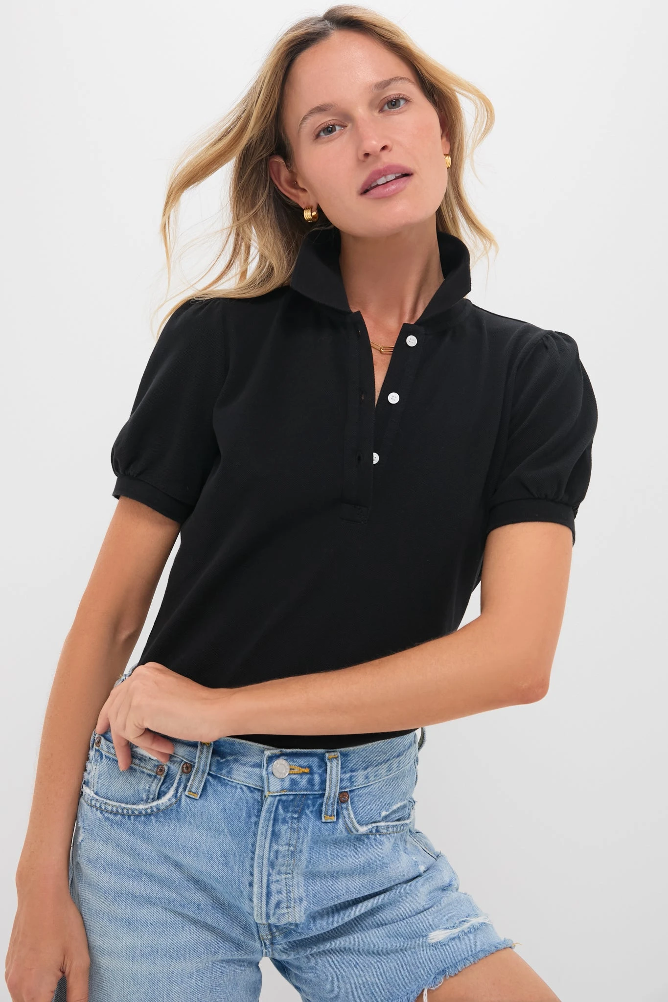 Black Pique Puff Sleeve Peggy Polo 1 Black Pique Puff Sleeve Peggy Polo