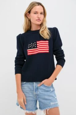 Navy Cropped Cotton Puff Sleeve Americana