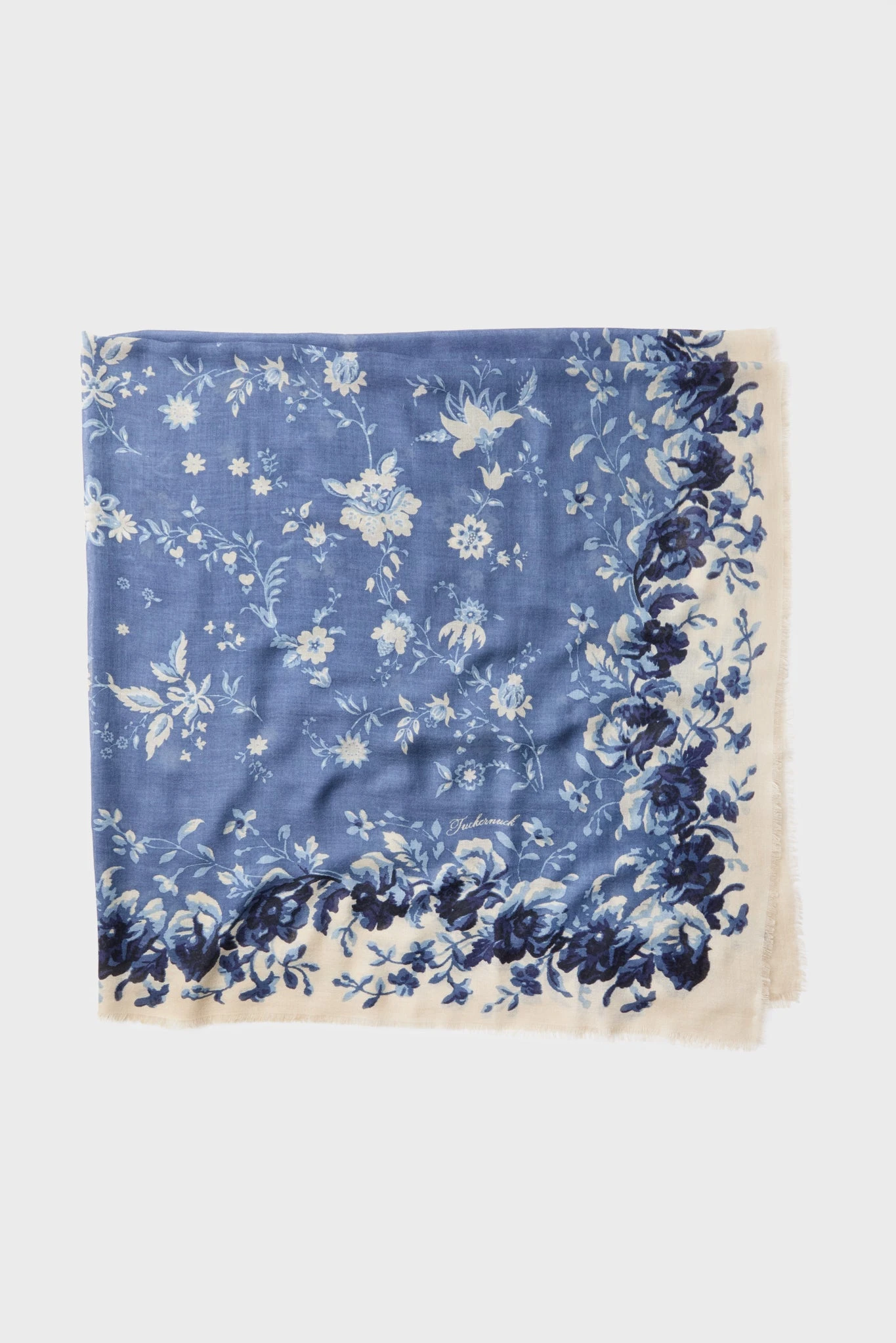 Slate Blue Fading Floral Silk Cashmere Blend Large Scarf 3 Slate Blue Fading Floral Silk Cashmere Blend Large Scarf - Image 3