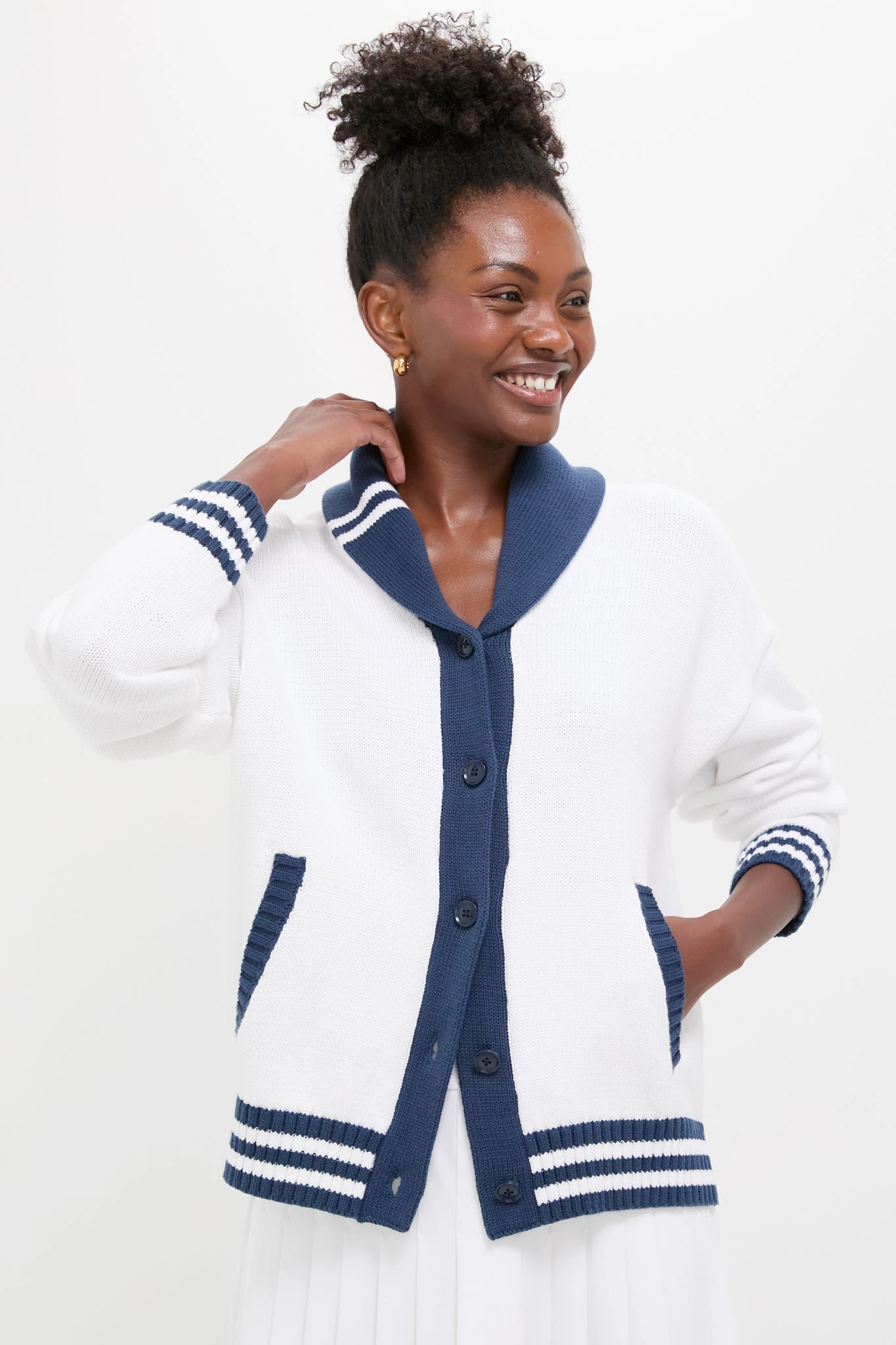 White And Navy Varsity Freya Cardigan 1 White And Navy Varsity Freya Cardigan
