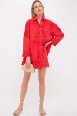 Red Poplin Wide Hem Shorts With Cut-Out Embroidery -Loeffler Randall Store gdm1rHBQXwkB6QH7jx3T8ZwFtNBdEahK 1