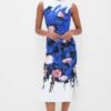 Erdem Brushstroke Rose Cobalt Blue Sleeveless Pencil Midi Dress