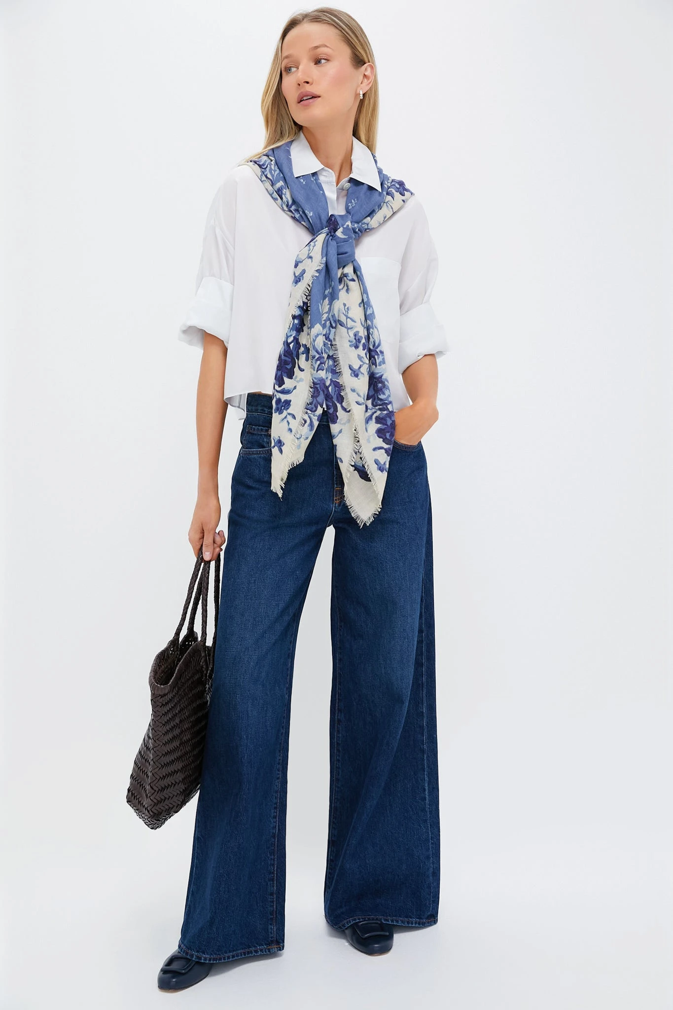 Slate Blue Fading Floral Silk Cashmere Blend Large Scarf 2 Slate Blue Fading Floral Silk Cashmere Blend Large Scarf - Image 2