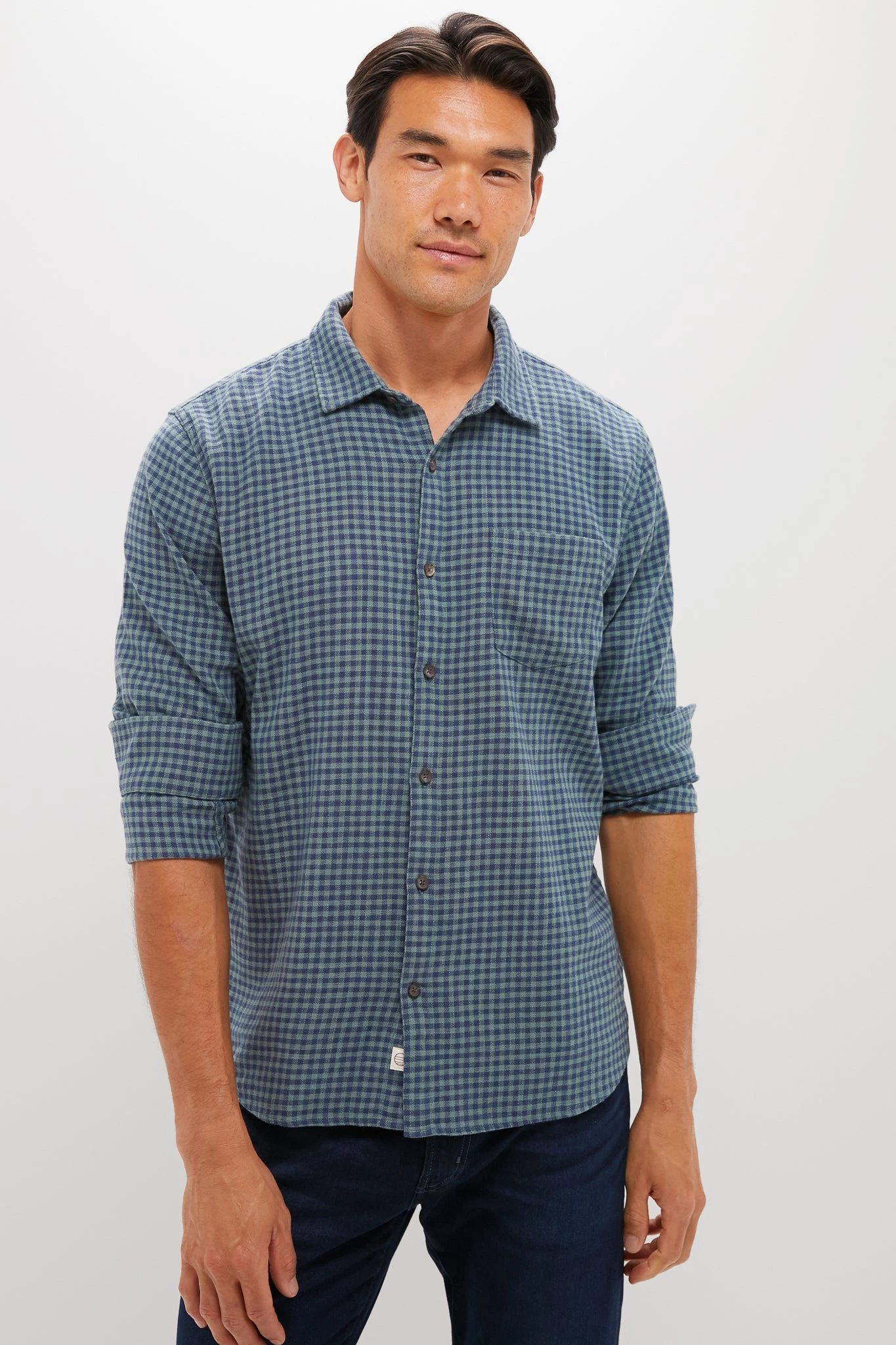 Marine Layer Navy Green Gingham Stretch Selvage Shirt 1 Marine Layer Navy Green Gingham Stretch Selvage Shirt