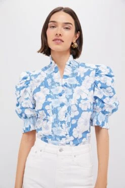 Blue Floral Ruffle Neck Aria Blouse