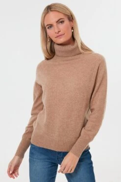 Camel Heather Ribbed Trim Cashmere Turtleneck