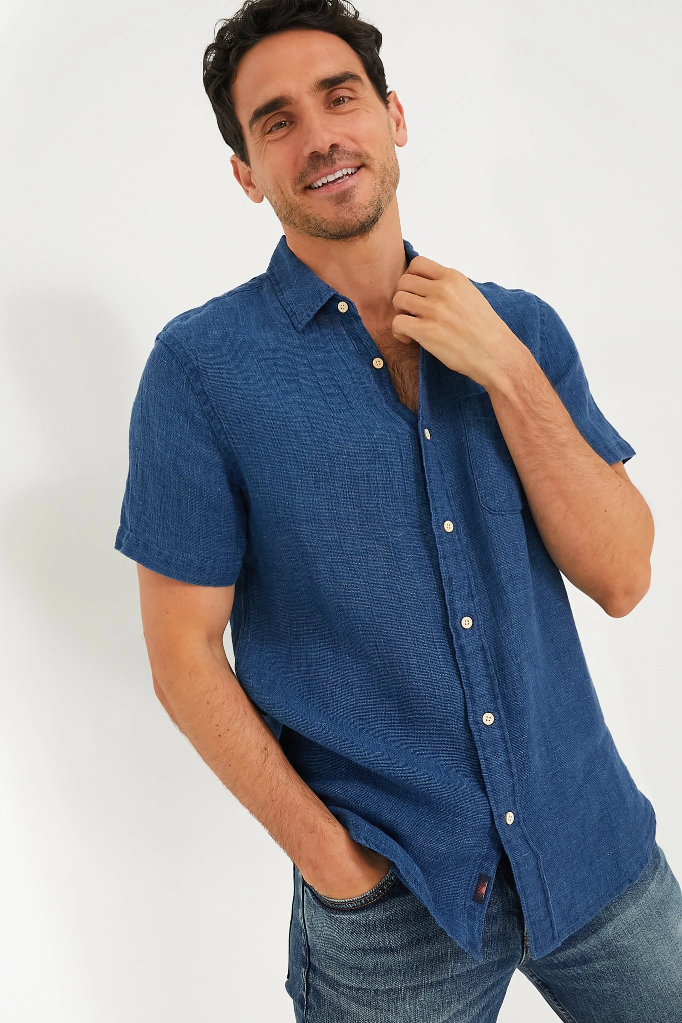 Indigo Basketweave Short Sleeve Palma Linen Shirt 1 Indigo Basketweave Short Sleeve Palma Linen Shirt