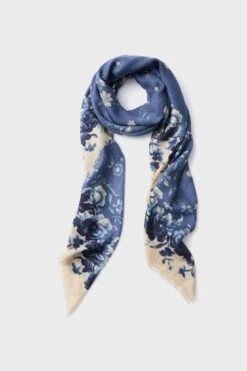 Slate Blue Fading Floral Silk Cashmere Blend Large Scarf