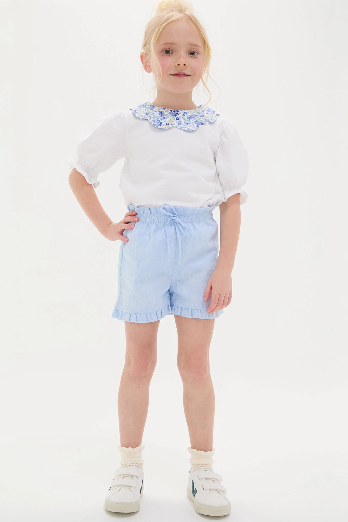 Light Blue Flores Cotton Girls Shorts 5 Light Blue Flores Cotton Girls Shorts - Image 5